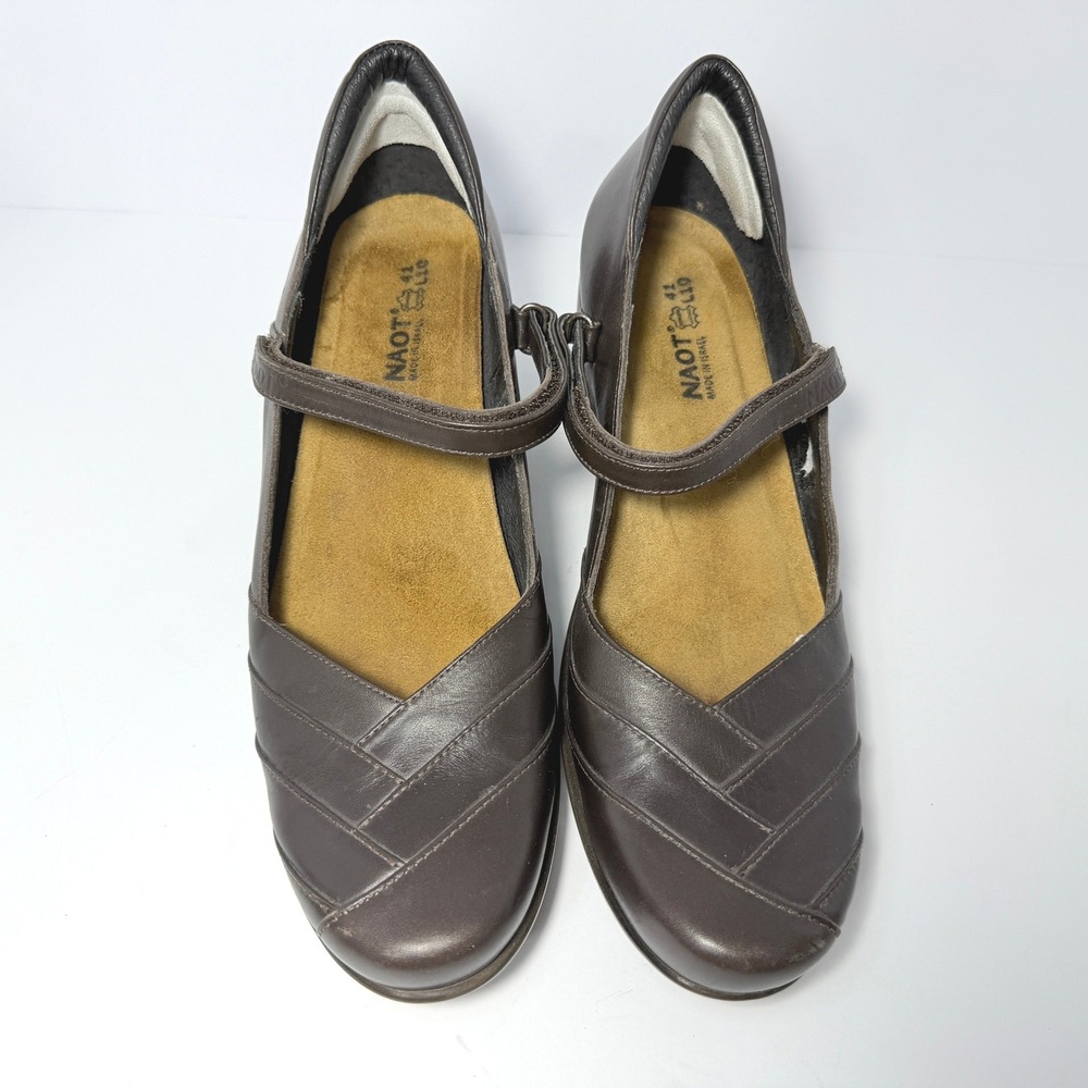 NAOT Brown Leather Mary Jane Pumps Pleated Toe Strap Shoes Israel Womens 41 L10